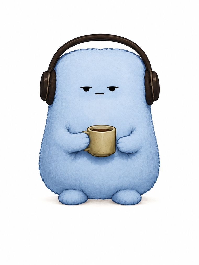 Blue, a round blue Sprinkle wearing headphones and holding a mug of tea