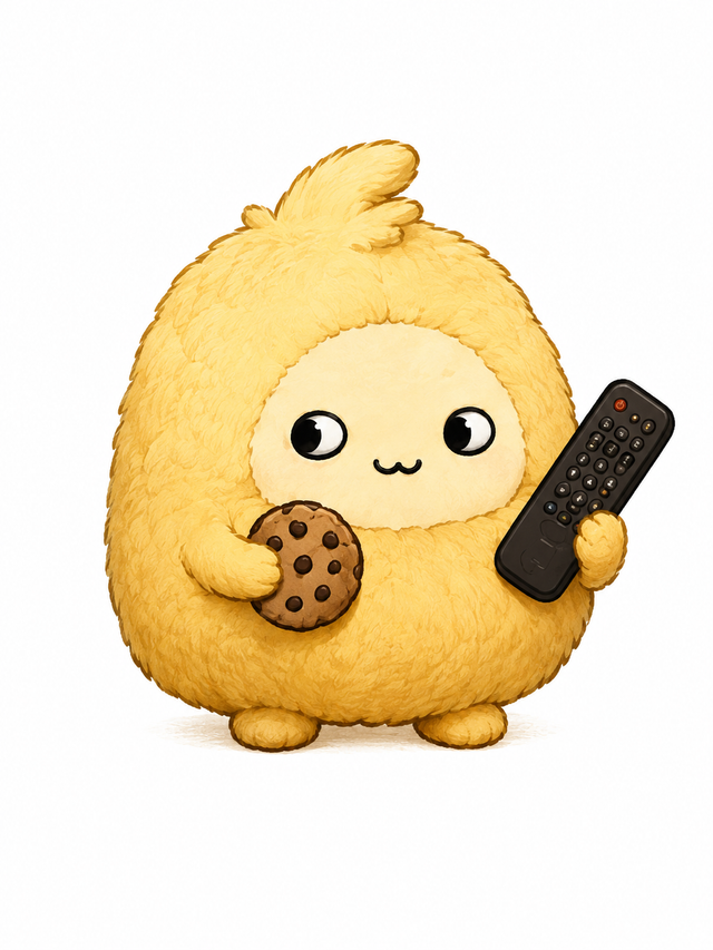 Buttercup, a yellow Sprinkle holding a cookie and a TV remote