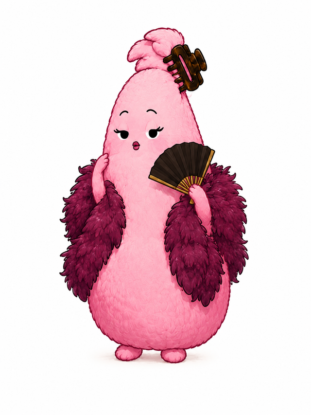 Rosie-Poo, a pink Sprinkle with a tortoiseshell hair clip, holding a folding fan