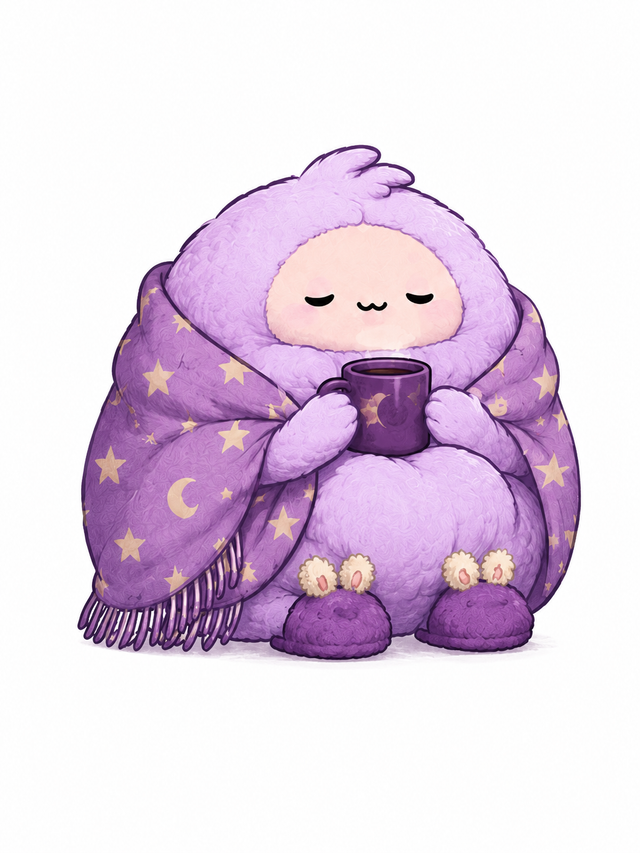 Moonbun, a lavender Sprinkle wrapped in a star-print blanket with a mug