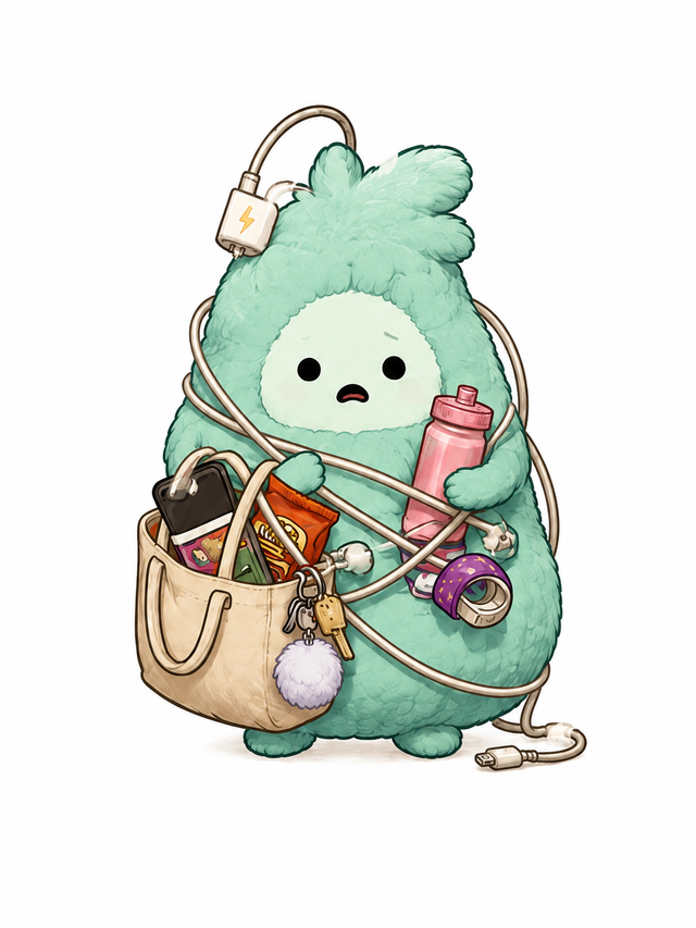 Pickle, a mint green Sprinkle tangled in cables with an overloaded tote bag