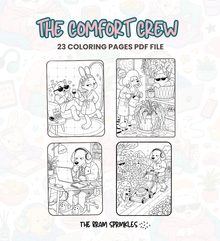 Preview pages from The Comfort Crew coloring book, showing the cozy animal Sprinkles in bold black-and-white line art
