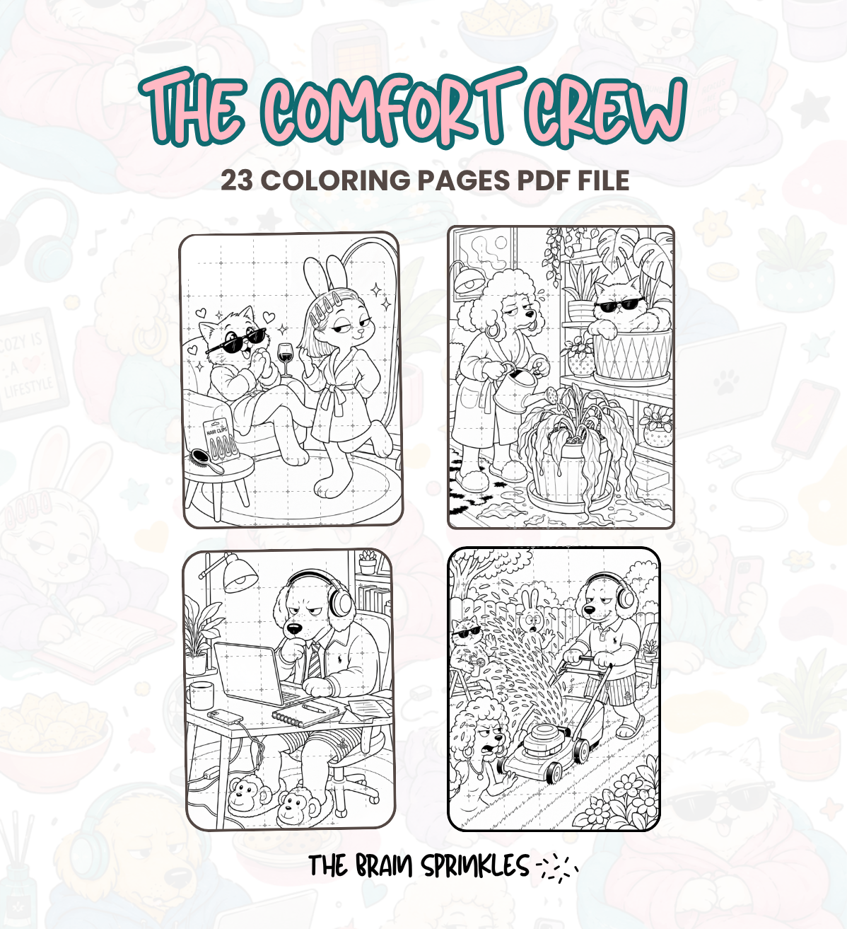 Preview pages from The Comfort Crew coloring book, showing the cozy animal Sprinkles in bold black-and-white line art