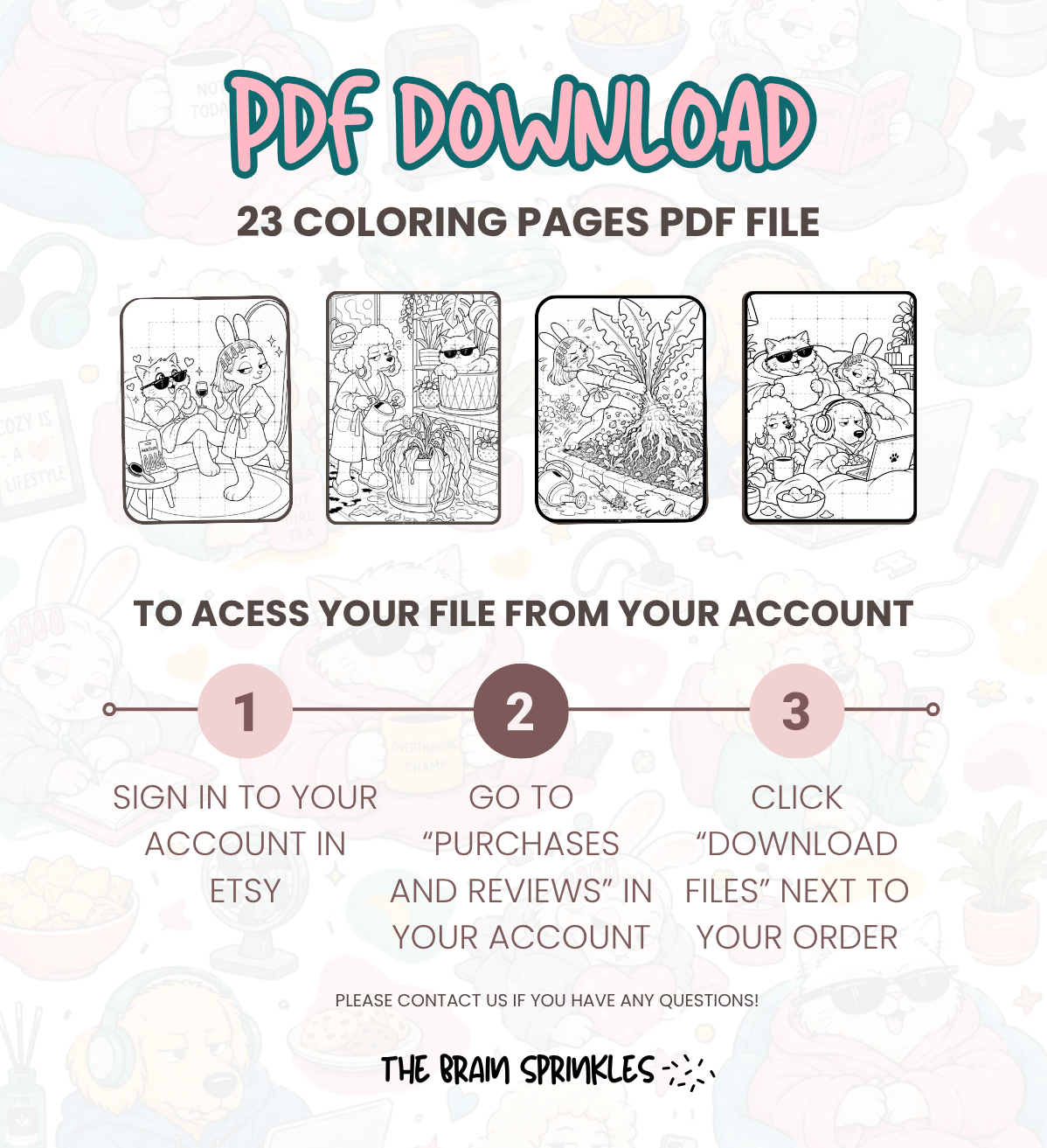 PDF download preview of The Comfort Crew — 23 black-and-white coloring pages
