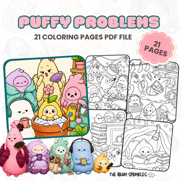 Puffy Problems digital coloring book cover — 21 printable coloring pages in one PDF