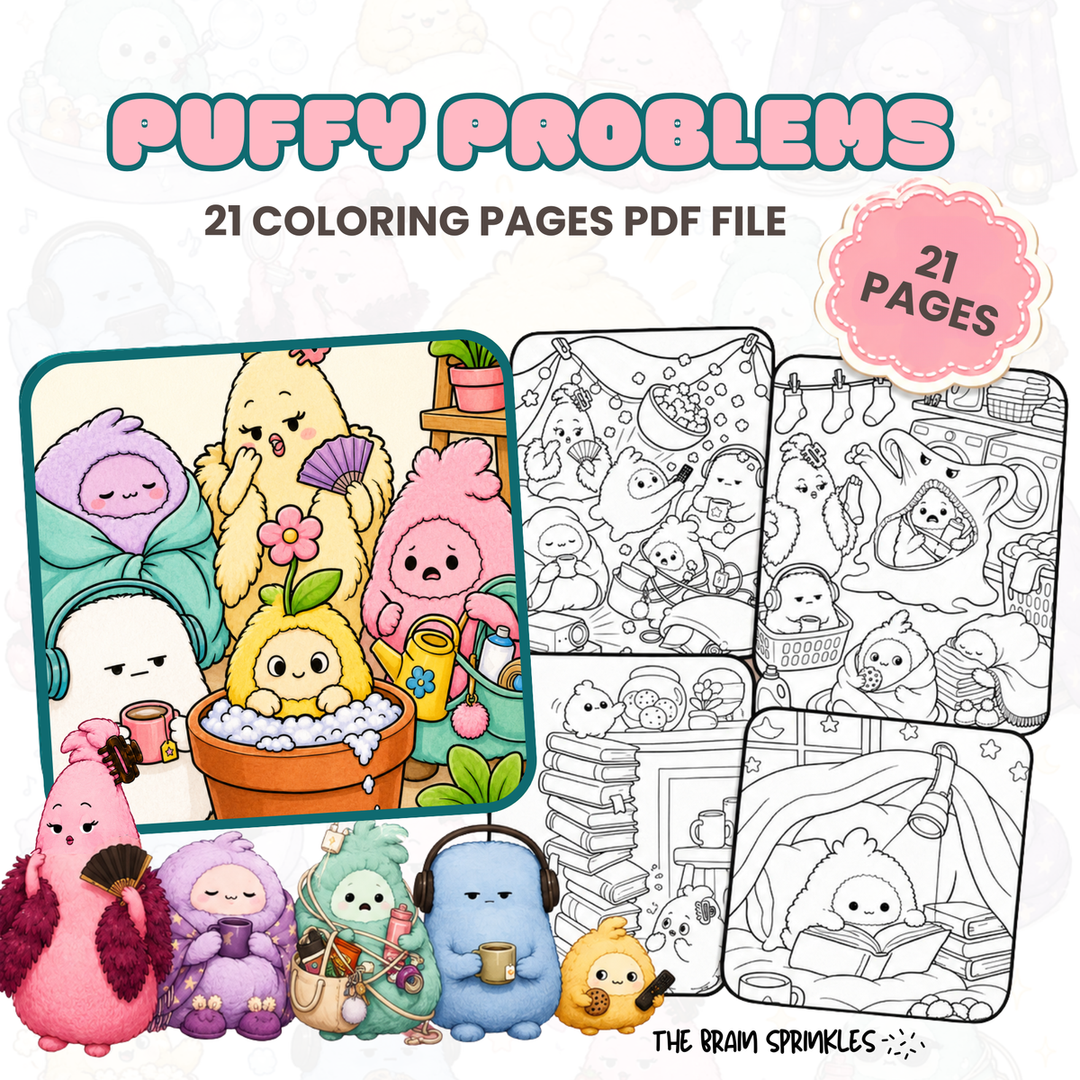 Puffy Problems digital coloring book cover — 21 printable coloring pages in one PDF