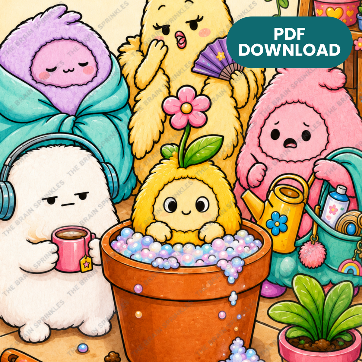The Puffy Problems Sprinkles shown in color alongside the printable black-and-white pages